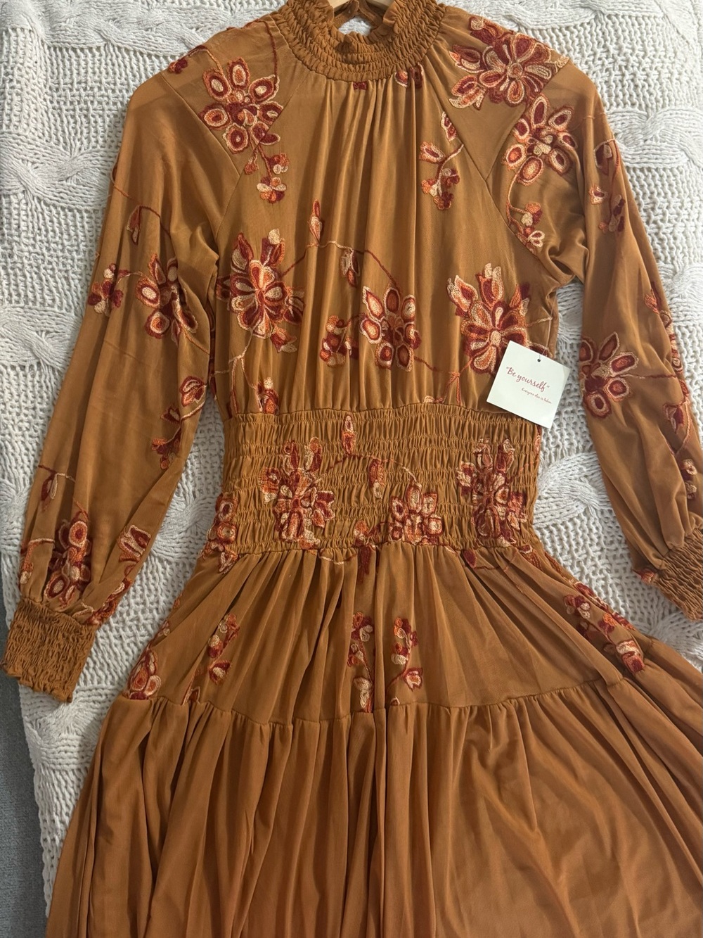 fig and flower Mustard Floral Embroidered Long-Sleeve Dress